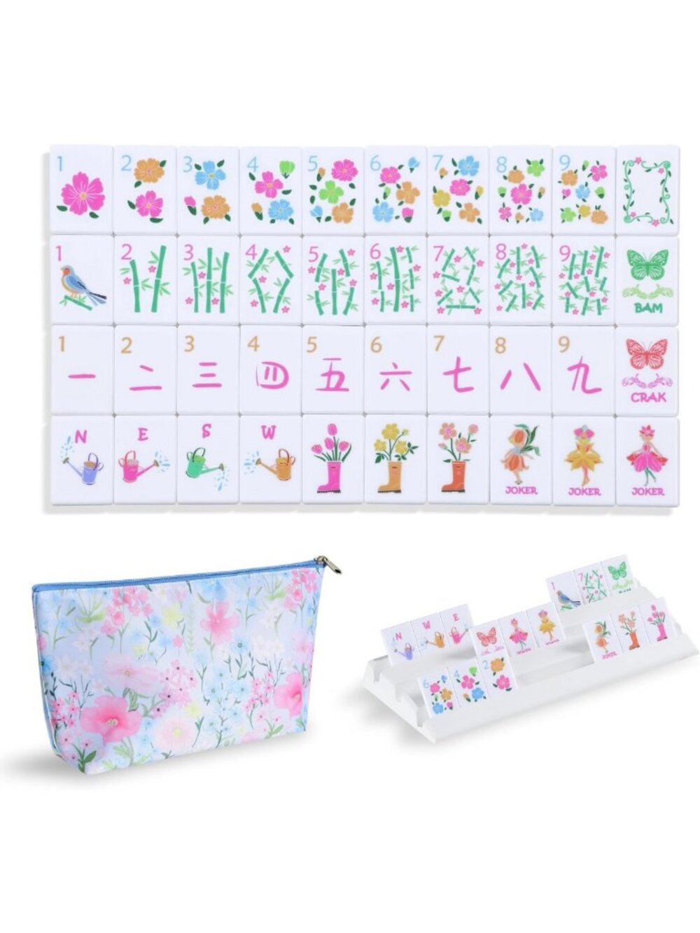 Travel Mahjong Set with Blue Carrying Bag, 160 Plastic Tiles & 4 Racks